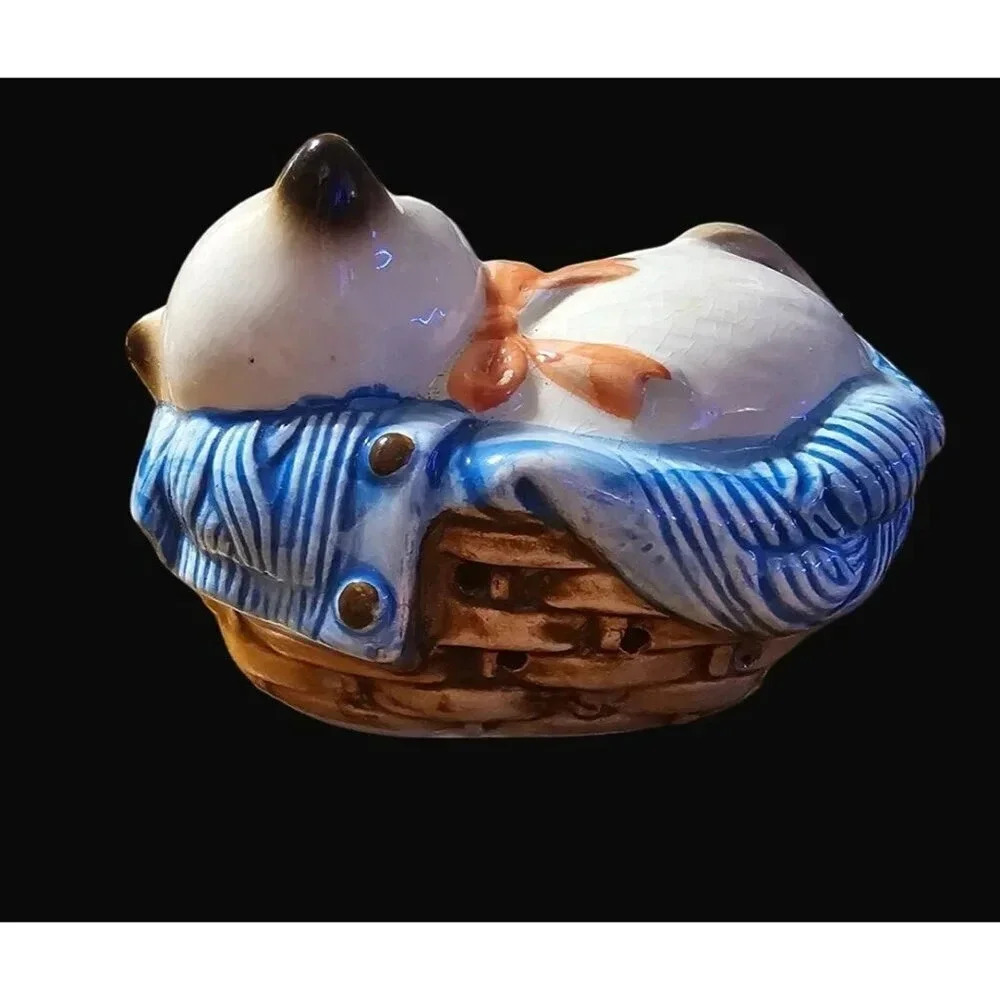 Vtg 1983 AVON Ceramic Potpourri Pomander Sleeping Kitten In Basket Made in Japan - Picture 10 of 13